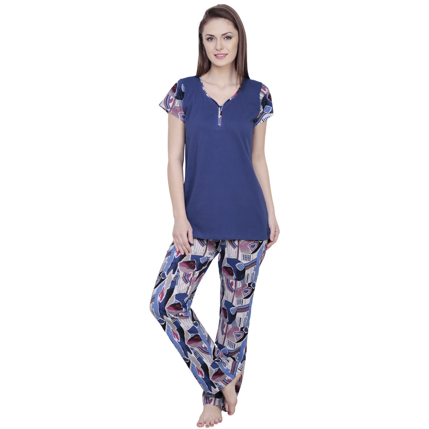 claura abstract print blue cotton night suit pyjama set