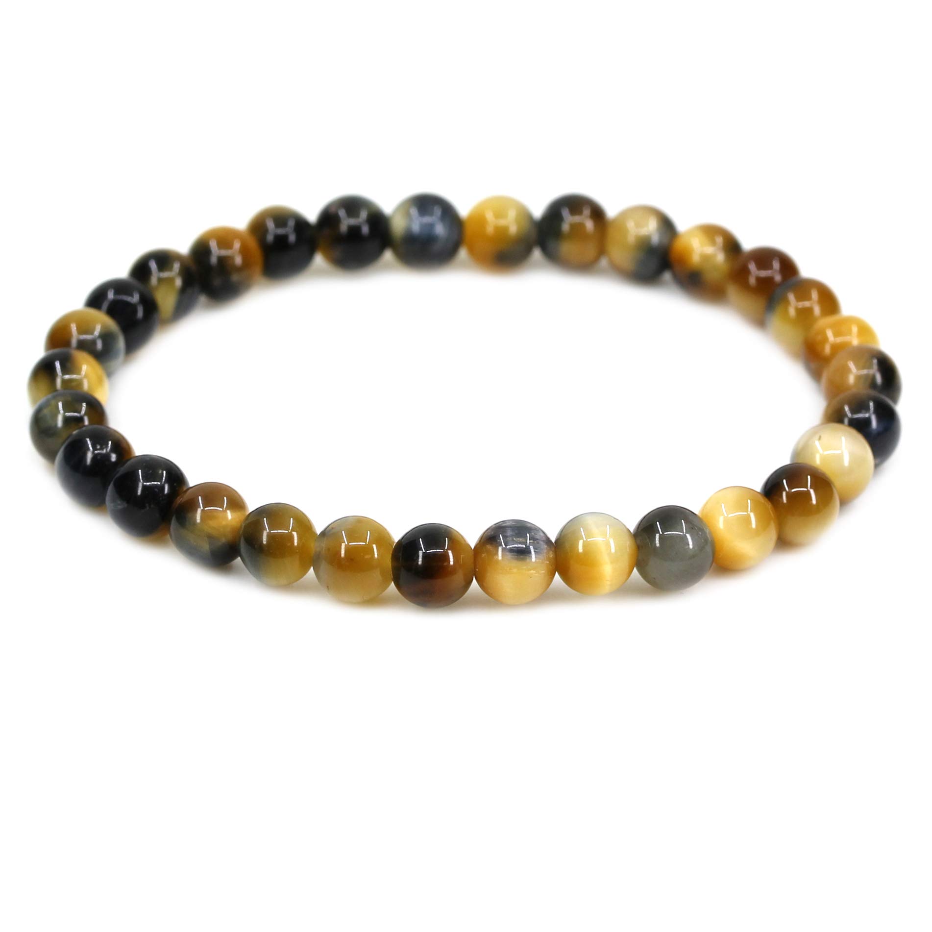 CHENYUE Natural A Golden Blue Tiger Eye Gemstone 6mm Round Beads Stretch Bracelet 7 Inch