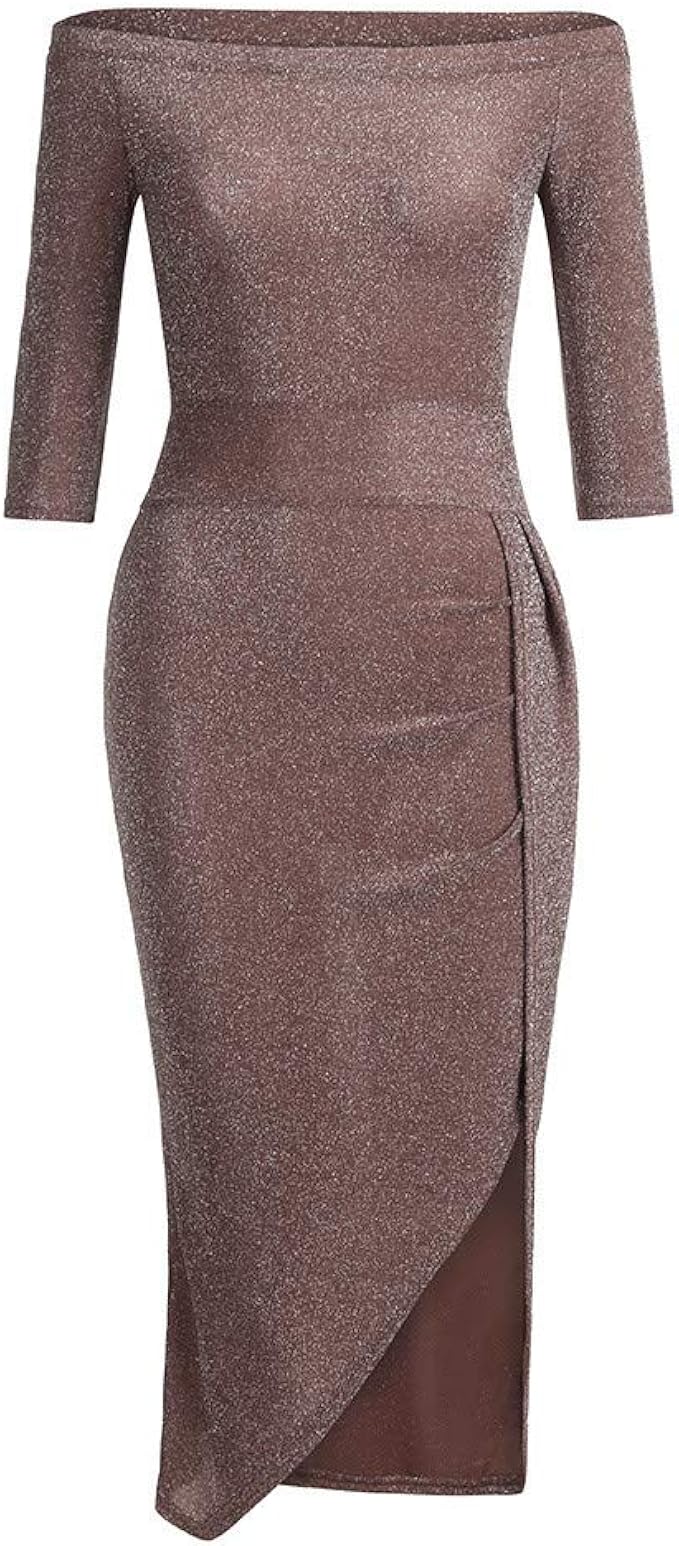 glittering off shoulder bodycon midi dress