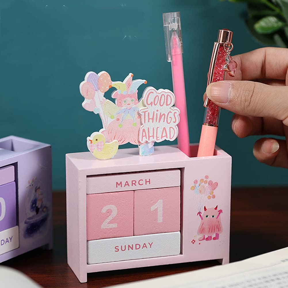 croselyu Wooden Perpetual Calendar with Pen Holder 2022 Creative Reminder Desk Calendar Decoration Literary Dormitory Desktop Decoration Decoration?1 Pce (style4)