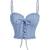 SOLY HUX Women's Y2k Lace Trim Lace Up Tie Front Cami Crop Tops Spaghetti Strap Summer Tops