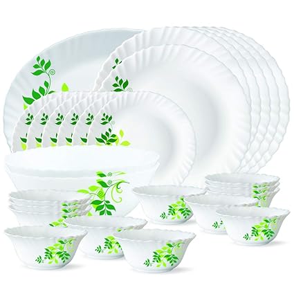 Larah by Borosil Fern Opalware Dinner Set, 27-Pieces, White