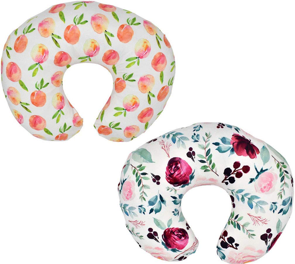 CHUNGEL 2 Pack (Floral & Peach) Nursing Pillow Cover Slipcover for Breastfeeding Pillows, Soft and Comfortable Safely Fits On Standard Infant Nursing Pillows (Floral & Peach)