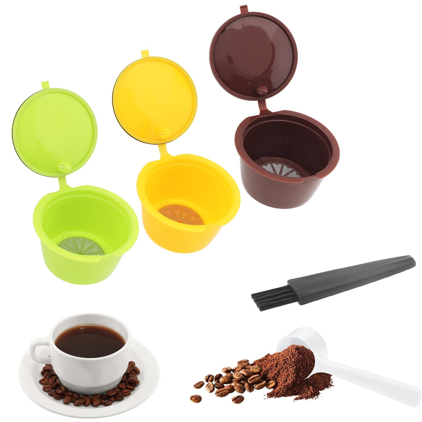 Photo 1 of Reusable Coffee Capsule Filters 3Pcs, Colorful Coffee Filters for Nescafe Dolce Gusto Brewers Machine, Reusable Refillable Coffee Pods Capsule Filter Cups Kit with Cleaning Brush and Measuring Spoon