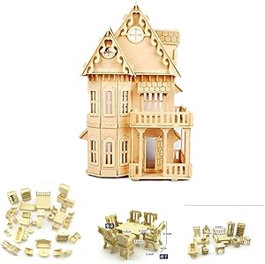 NWFashion 17" Wooden Dream Dollhouse 2 Floors with Furnitures DIY Kits Miniature Doll House (Gothic Furnitures Sets)