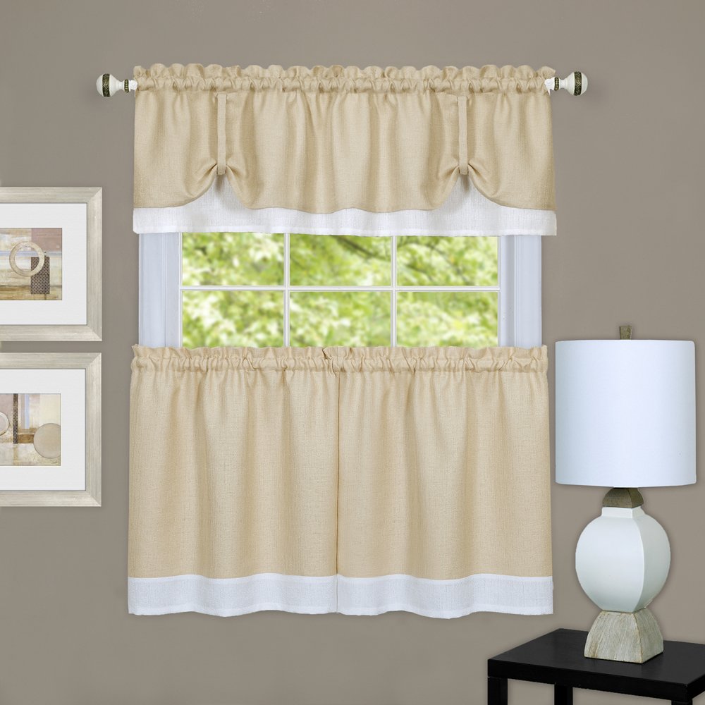 Achim Home Furnishings DRTV36TW12 Darcy Window Curtain Tier Pair & Valance Set, 58" x 36" with 14" Valance, Tan/White, Pair, Tan & White