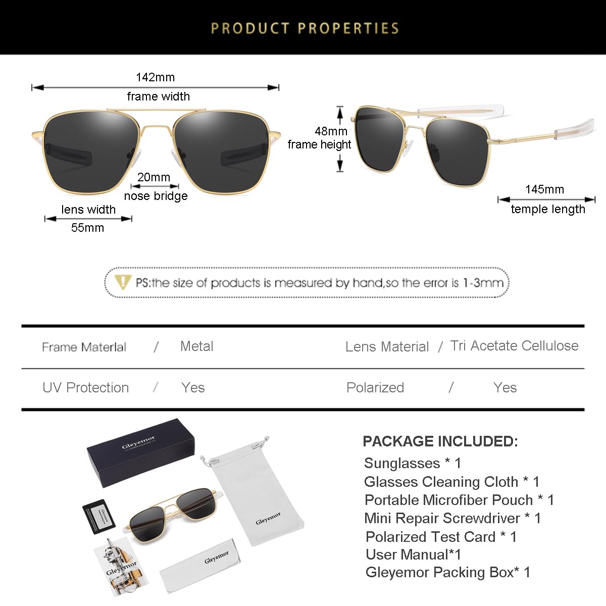 Gleyemor Polarized Square Aviator Sunglasses for Men Retro Military Tough Guy Style Shades