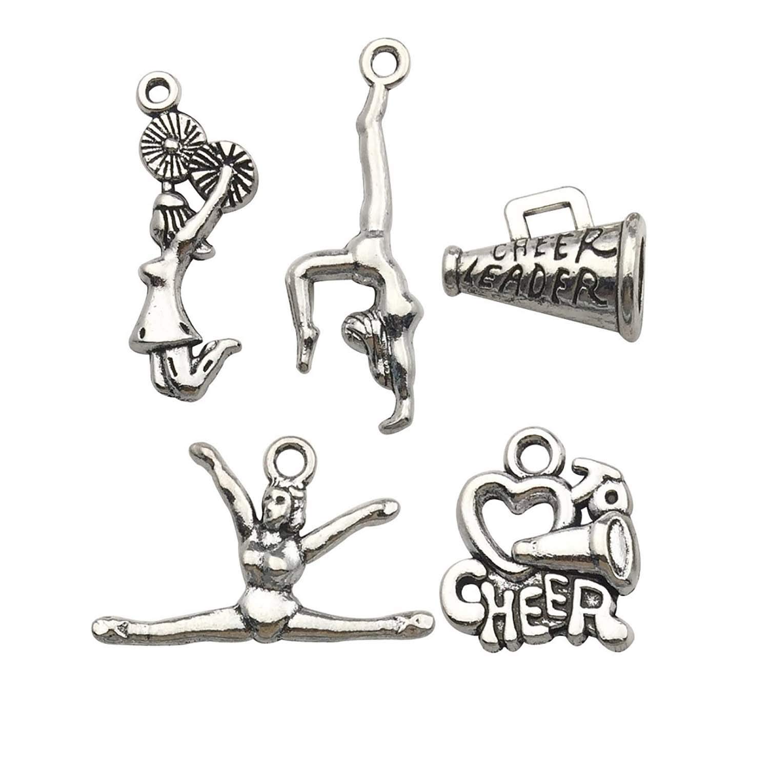 Photo 1 of 50 PCS Cheerleader Charms Collection, Cheer and School Spirit Gymnastics Girl Pom Girl Love Cheer Jumping Cheerleaders Charms, Silver Tone (HM163)