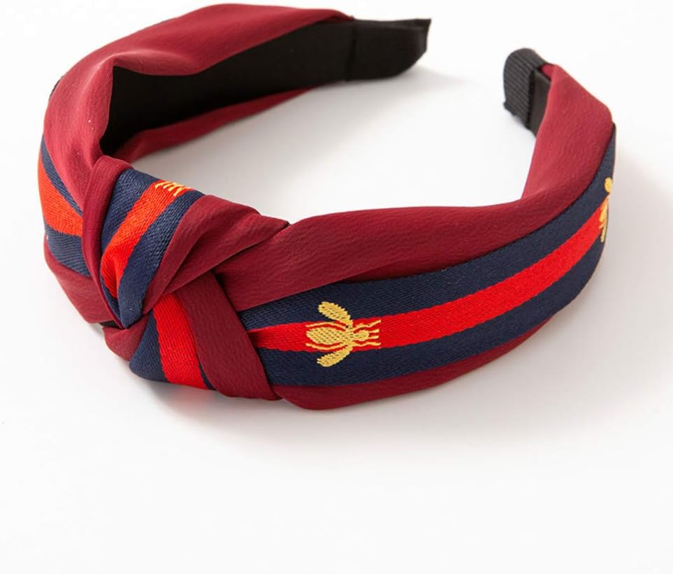 Wide Knot Striped Headbands For Women - Bee Headband Cross Knot Hair Band with Cloth Wrapped Head Wrap For Girl (Red wine)