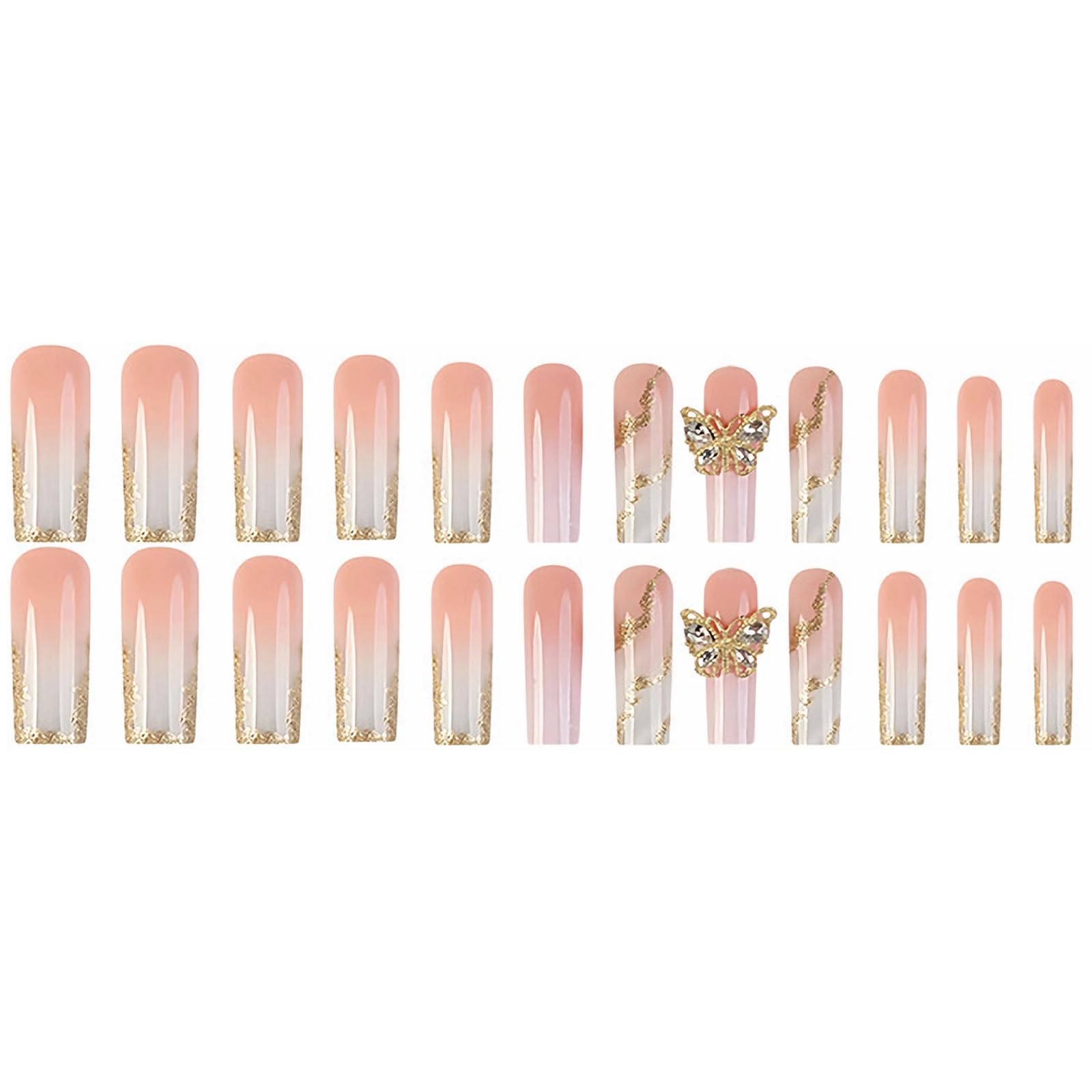 MERVF Long Square Press on Nails Gold French Tip Fake Nails with 3D Butterfly Design Press ons Glitter Swirls Squoval Glue on Nails Acrylic Nails Luxury False Nails Glossy 24pcs - Image 2