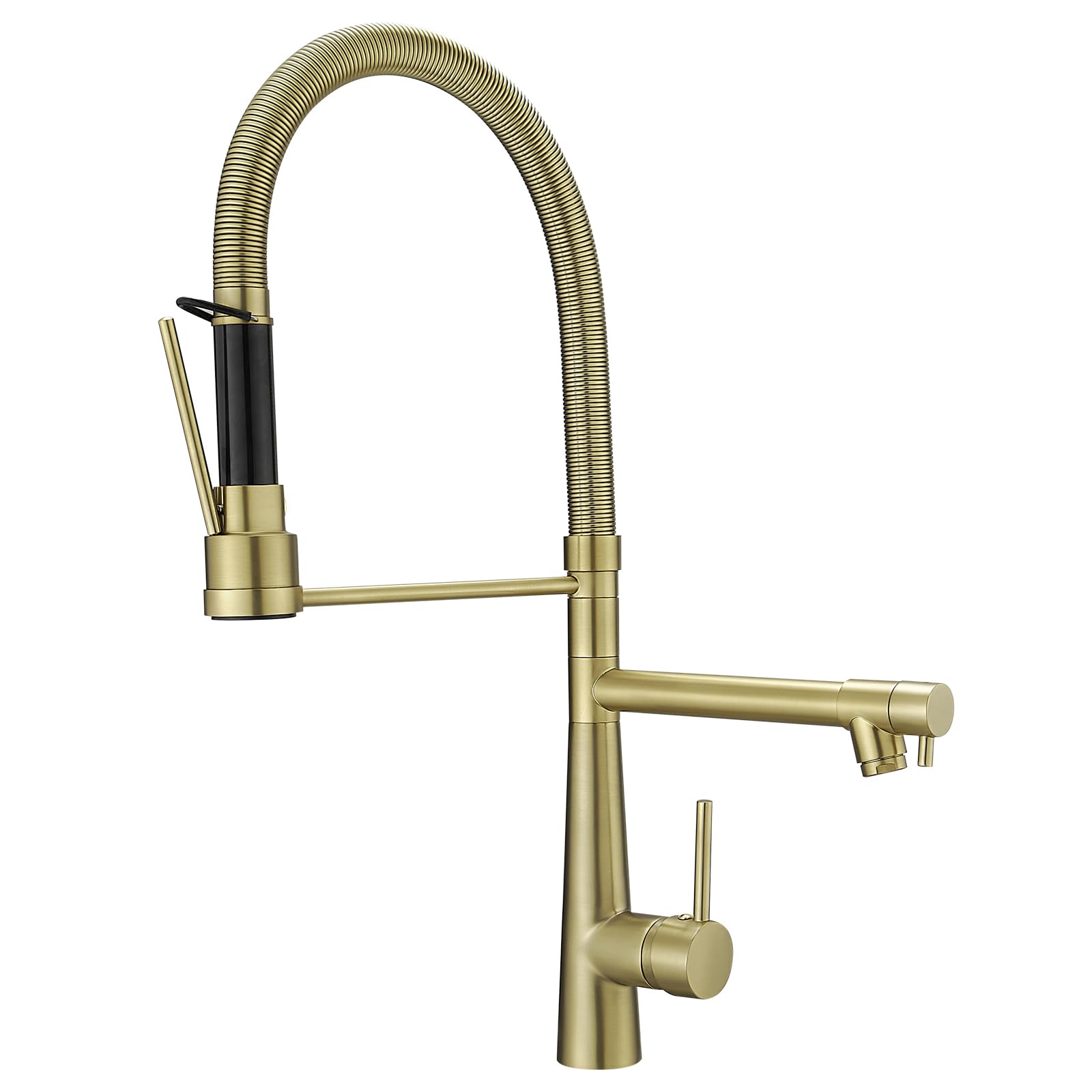 TIMACO Large Kitchen Tap with Spiral Spring, 22.36 Inches, 360° Swivel Sink Taps with Two Spouts, Kitchen Tap & Handheld Nozzles, High Pressure, Brushed Gold