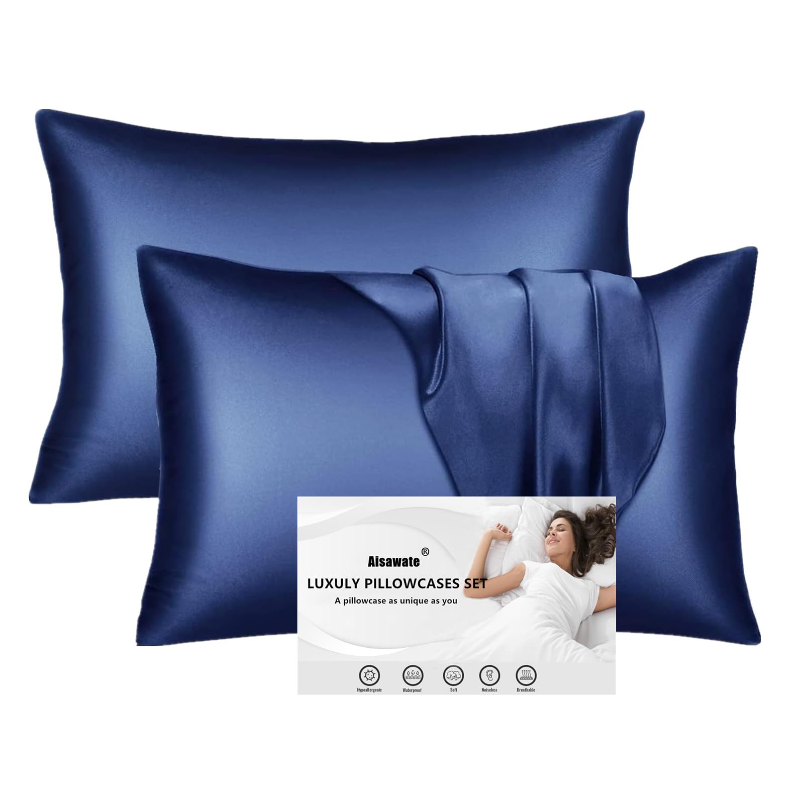 2 Pack Satin Pillowcase for Hair and Skin - Softer Than Silk - Navy Blue Satin Pillowcases Anti Wrinkle and Stain Resistant - Standard Pillow Cases Cover with Envelope Closure (51x76cm)