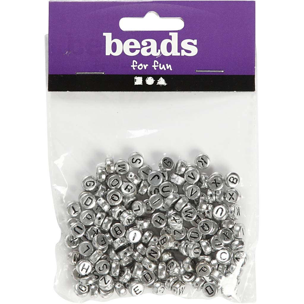 Letter Beads, D: 7 mm, hole size 1,2 mm, silver, 21g, approx. 200 pc