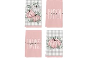 Artoid Mode Pink Eucalyptus Leaves Hello Pumpkin Fall Kitchen Towels Dish Towels, 18x26 Inch Farmhouse Give Thanks Decoration Hand Towels Set of 4
