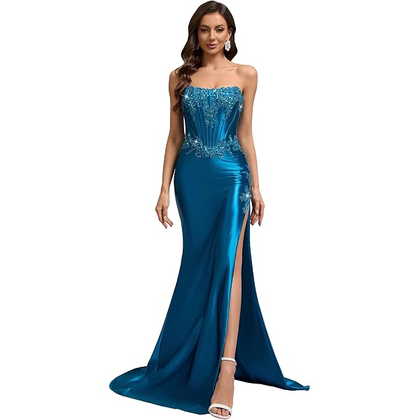 strapless mermaid bridesmaid dress Corset Ruched Mermaid Prom Dress with Ruffled Slit– PromGirl main image 0