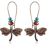 unixmoment Bohemian Vintage Copper Dragonfly Turquoise Dangle Drop Earrings Handmade Retro Animal Bead Leverback Earrings for Women