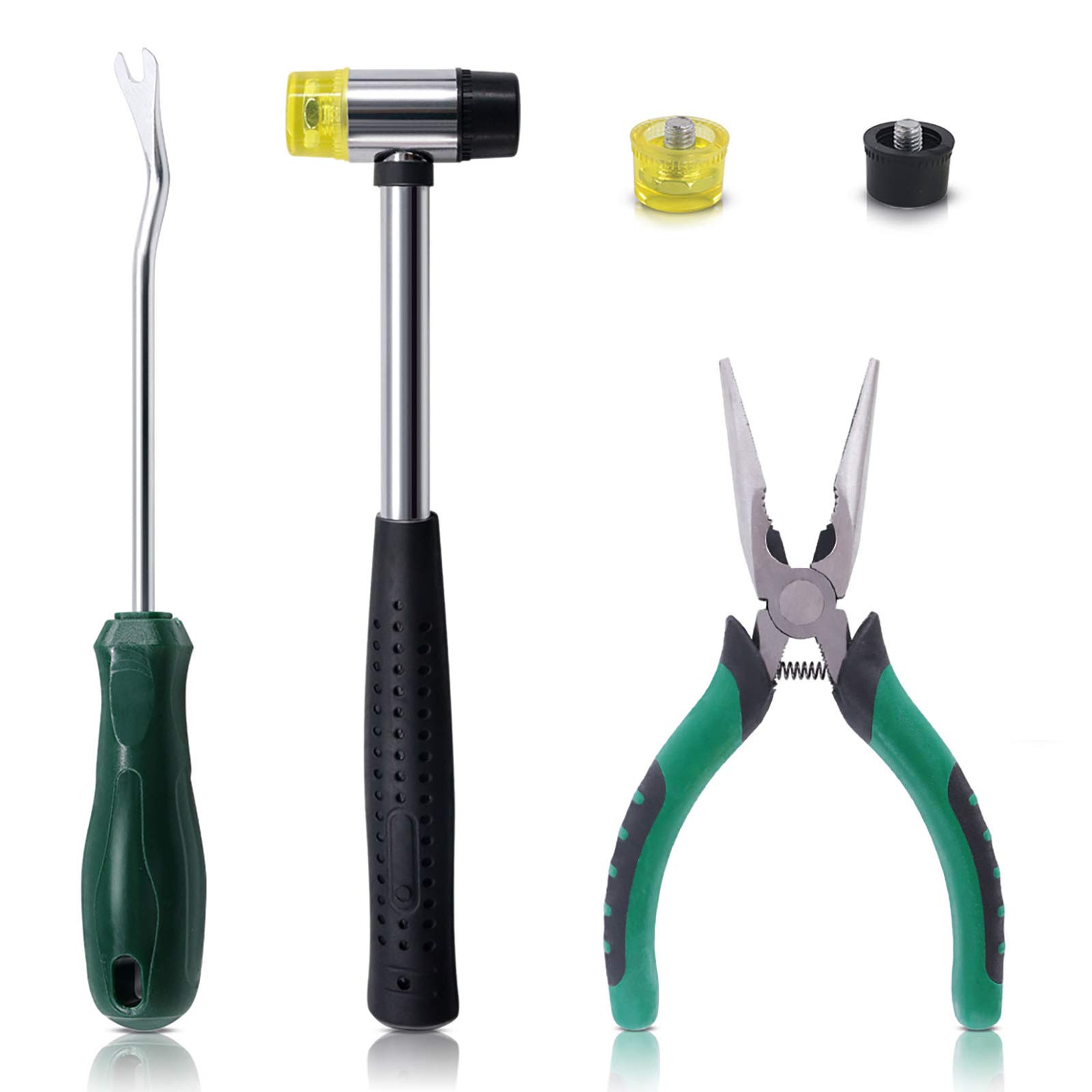Keadic 5pcs Upholstery Tacks Tools Set, Double-Faced Upholstery Mallet with 2 Replacement Rubber Heads, Staple Lifter and Removal Pliers, for Furniture Repair and Jewelry Craft Decoration Project