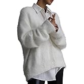 COZYPOIN Womens Fuzzy Mohair Cardigan Open Front Button Down V-Neck Long Sleeve Sweater Slouchy Drop Shoulder Knit Coat(White-S)