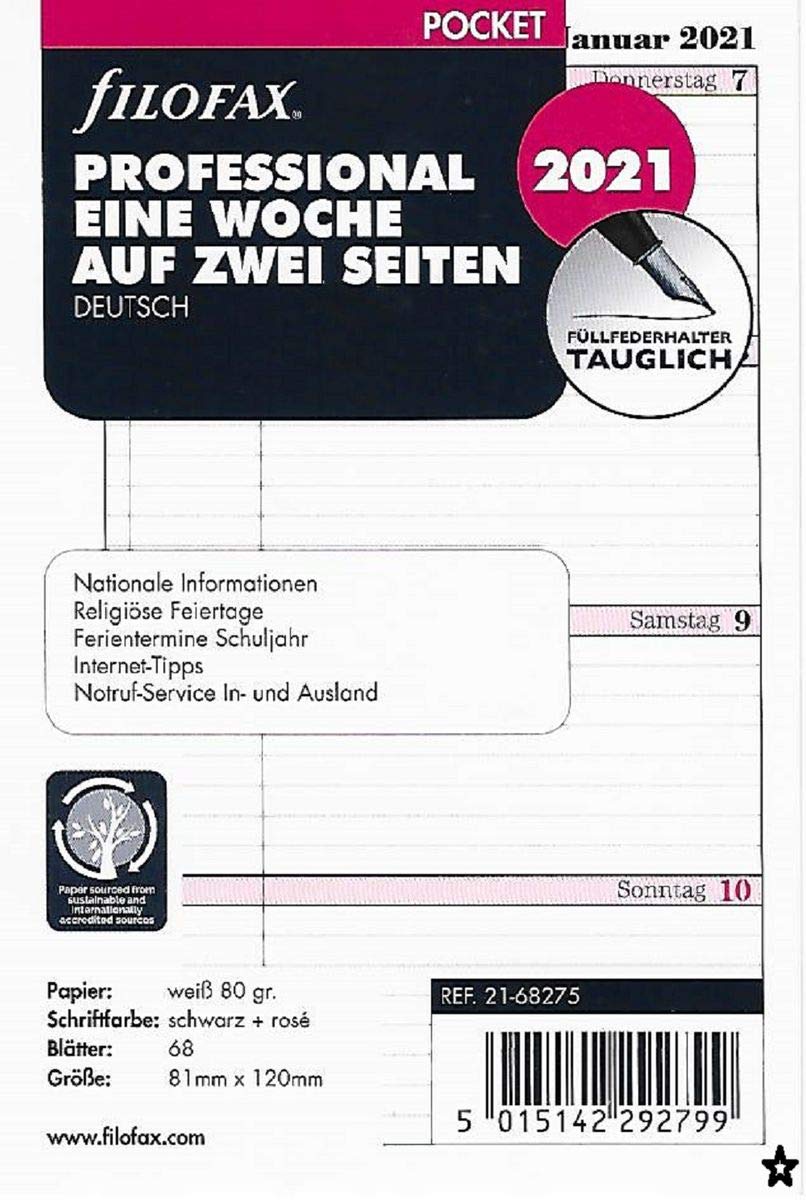 Filofax 2021 Calendar Pocket A7 Calendar 1 Week 2 Pages Professional Weekly Pages 21-68275 White/Pink