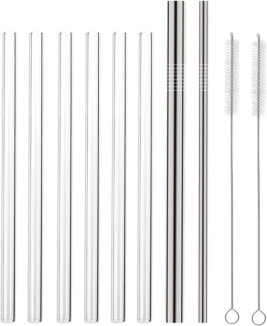 8 Pack Reusable Straws for Drinks - 6 Glass Straws, 2 Stainless Steel Straws, with 2 Cleaning Brushes - NUIBY Smoothie Drinking Straws