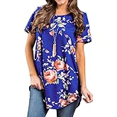 Ezcosplay Womens Tunic Tops Short Sleeve Summer Floral Print Casual Asymmetric Hem Tunic Shirts to Wear with Leggings