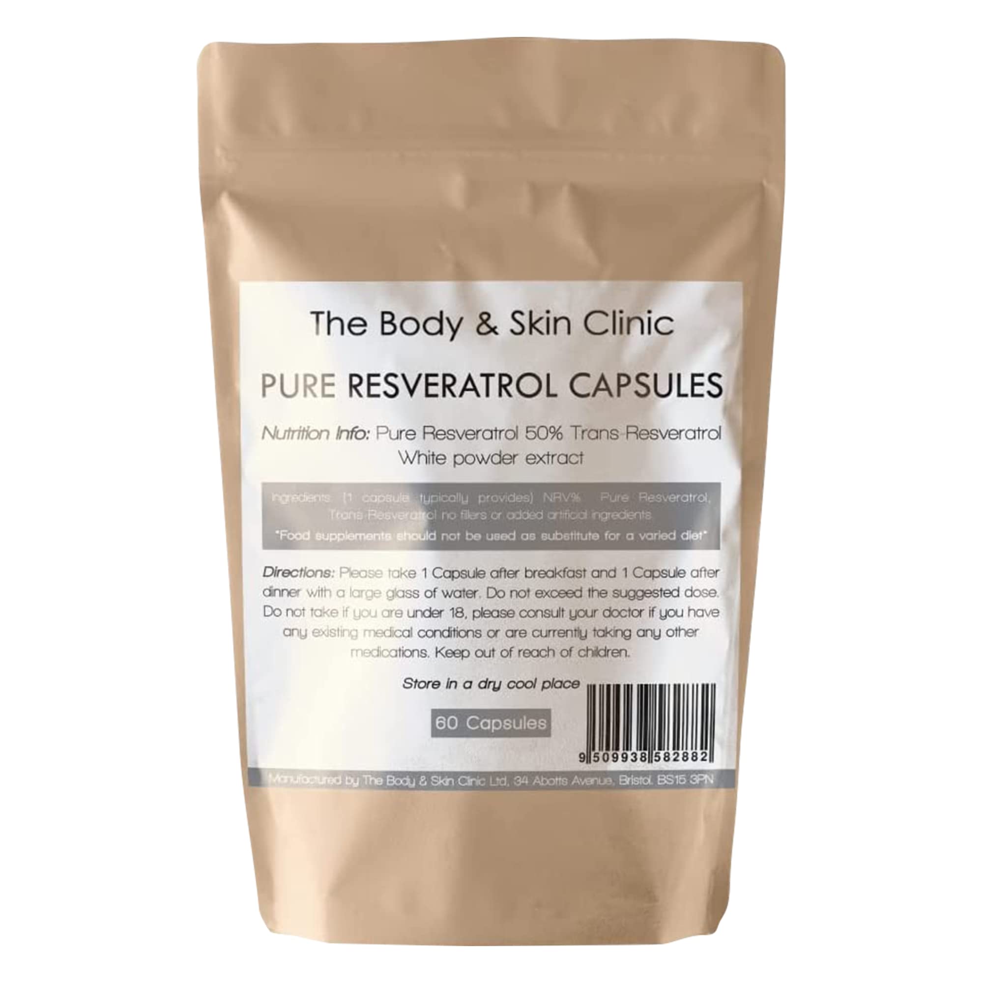 Trans Resveratrol - Pure Natural - 60 Capsules - 1-2 Month Supply - Effective Strong Dose for Maximum Benefits from Trans-Resveratrol - UK Manufactured - Zero Additives