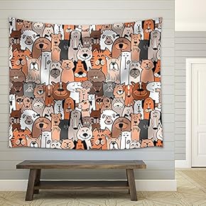 Doodle Dogs and Cats Seamless Pattern - Fabric Wall Tapestry Home Decor - 51x60 inches