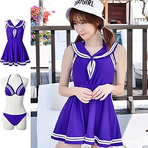 Amazon セーラーワンピ付きビキニ 水着 レディース セパレート セーラー ワイヤー ビキニ ノースリーブ ワンピース スカート 3点セット スクール 体型カバー 女性用 Xl ネイビー ワンピース 通販