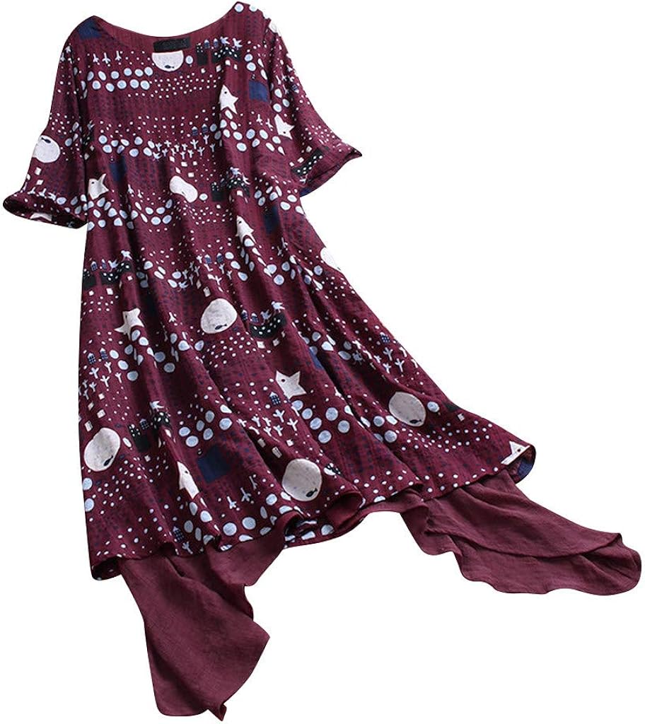 Damen Kleid Aus Baumwolle-Leinen - V-Ausschnitt Langarm Fließendes Design