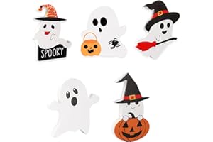 Biubumtu 5 Pcs Cute Ghost Halloween Decorations Indoor, Wooden Tiered Tray Decor Table Sign, Spooky, Owl, Spider, Witch Broom, and Pumpkin Blocks for Office Party Home Shelf Display Decor