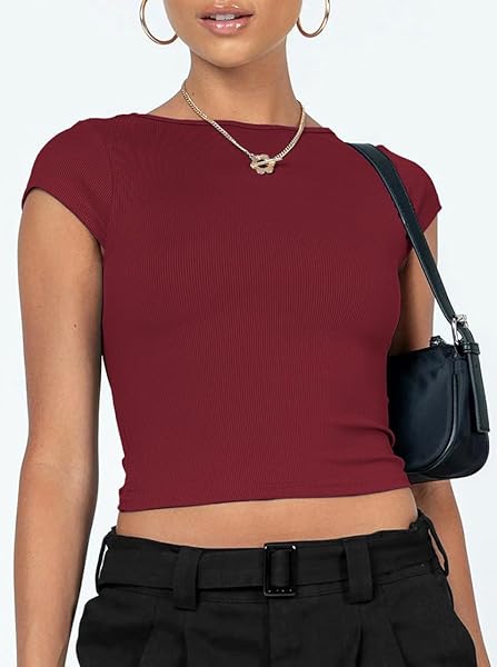 JYCCR WOMEN SEXY BACKLESS SHORT SLEEVE CROP TOP SLIM FIT CREW NECK Y2K CROP TEE(RED,M)