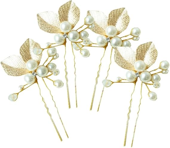 Amazon Co Jp Seliyi ゴールド 葉っぱ モチーフ 髪飾り 華奢 パール Uピン セット 結婚 パーティ ヘア アクセ ドレス 着物 ゴールド 4個 服 ファッション小物