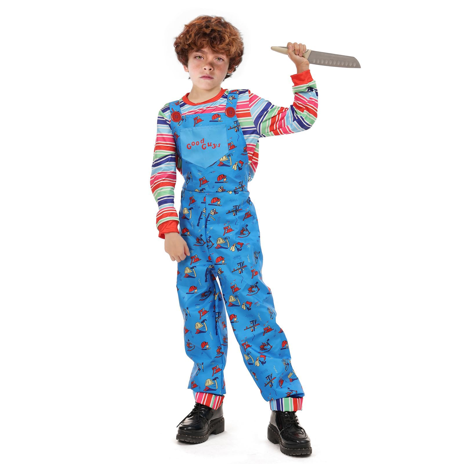 nezababy Chucky Costume Kids Chuckie Jumpsuit Rainbow Striped Top with Scary Killer Cosplay Overalls Halloween Dress up(XS/110)