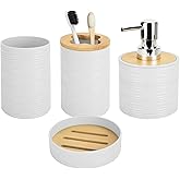 4 PCS White Bathroom Accessories Set, Includes a Soap Dispenser, Toothbrush Holder, Soap Dish and Mouthwash Cup, Plastics & Bamboo Bathroom Set, Bohemian Style Bathroom Sink Set