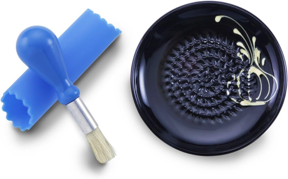 Handcrafted Ceramic Garlic Grater Plate Set by Gourmet Grater | w/ Ceramic Grater Plate, Silicone Garlic Peeler, Handy Kitchen Brush, Recipe Book | Handmade in Spain | Red Heart Pattern, 5.25” Size