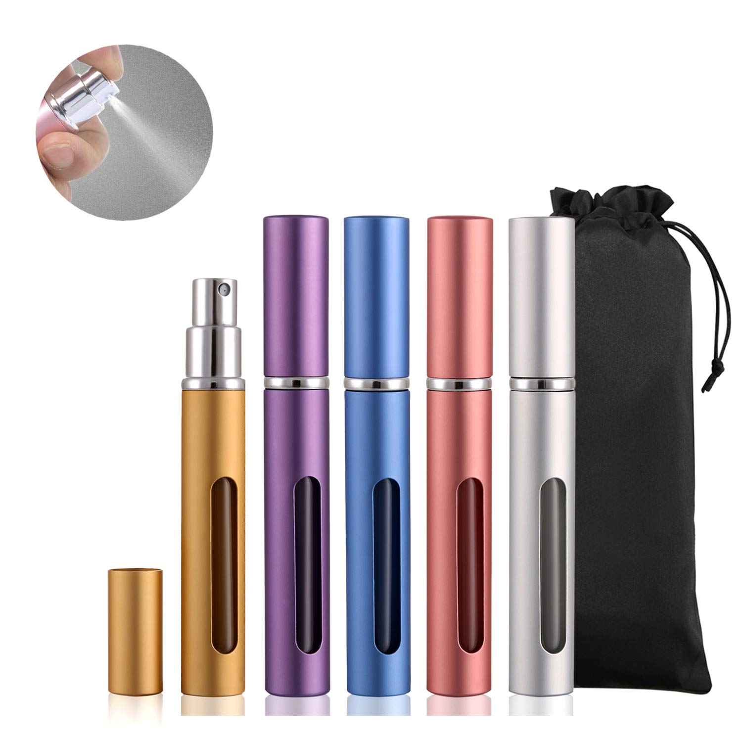 Vtrem Refillable Perfume Atomizer Pump 5 Milliliter 5PCS Mini Portable Spray Bottle With Window Travel Fragrance Empty Bottle Easy To Fill Scent Multicolor Gold, Silver, Blue, Purple, Pink