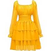 OBBUE Women's Summer Dress Tie Back Square Neck Aline Long Sleeve Layered Swing Mini Dresses