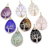 LHJ 4 Pcs Natural Stone Pendants Random Water Drop Shape Healing Crystal Agate Life Tree Wire Knitting Charms for Jewelry Making Necklace Gift