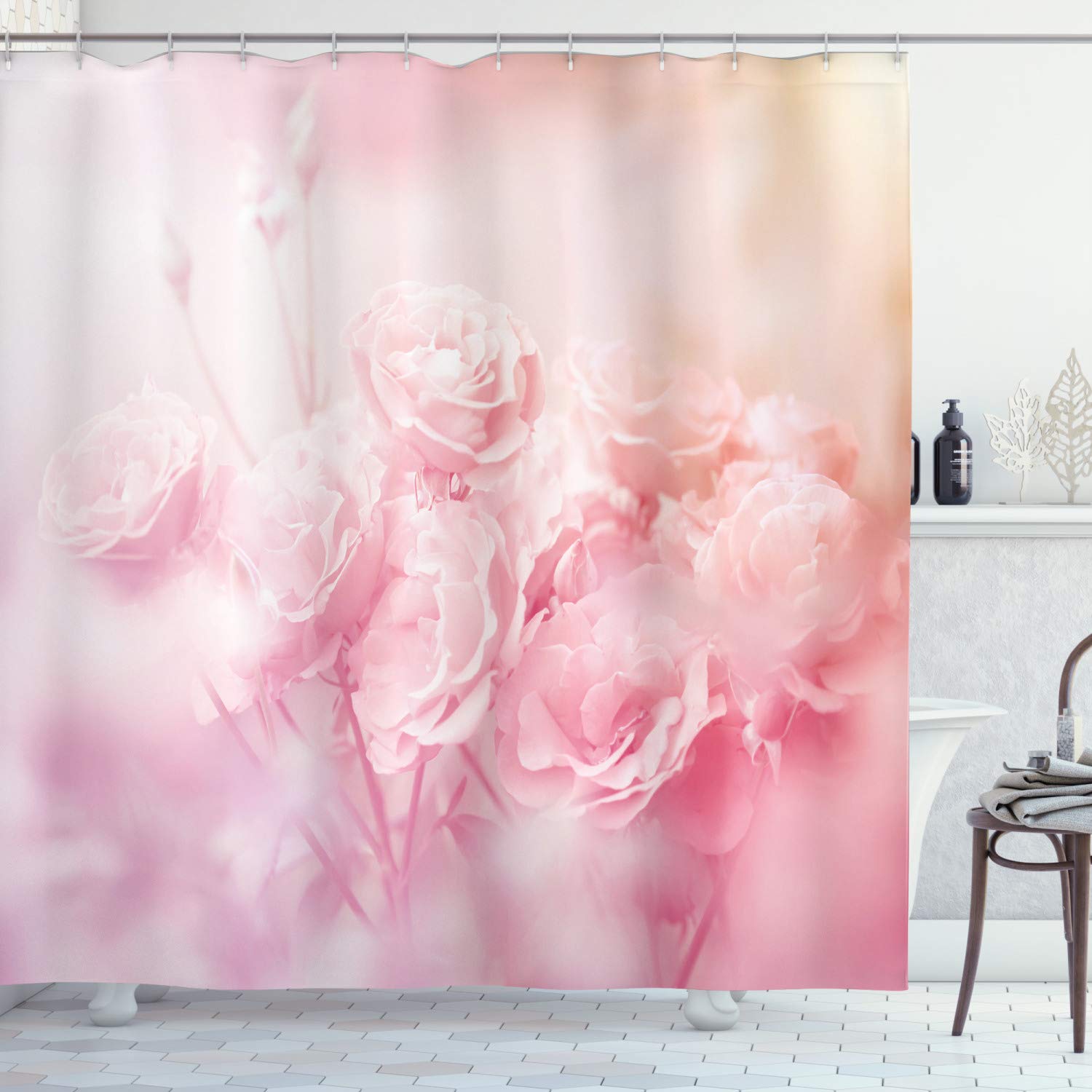 ABAKUHAUS Rose Shower Curtain, Dreamlike Spring Nature Theme Blurry View Feminine Bouquets Gardening Bedding Plants, Cloth Fabric Bathroom Decor Set with Hooks, 70 Inches, Pale Pink