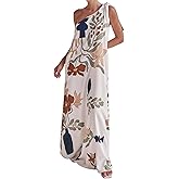 HTHCHENG Women's Summer One Shoulder Maxi Dresses Printed Flowy Boho Beach Vacation Long Sundress with Pockets