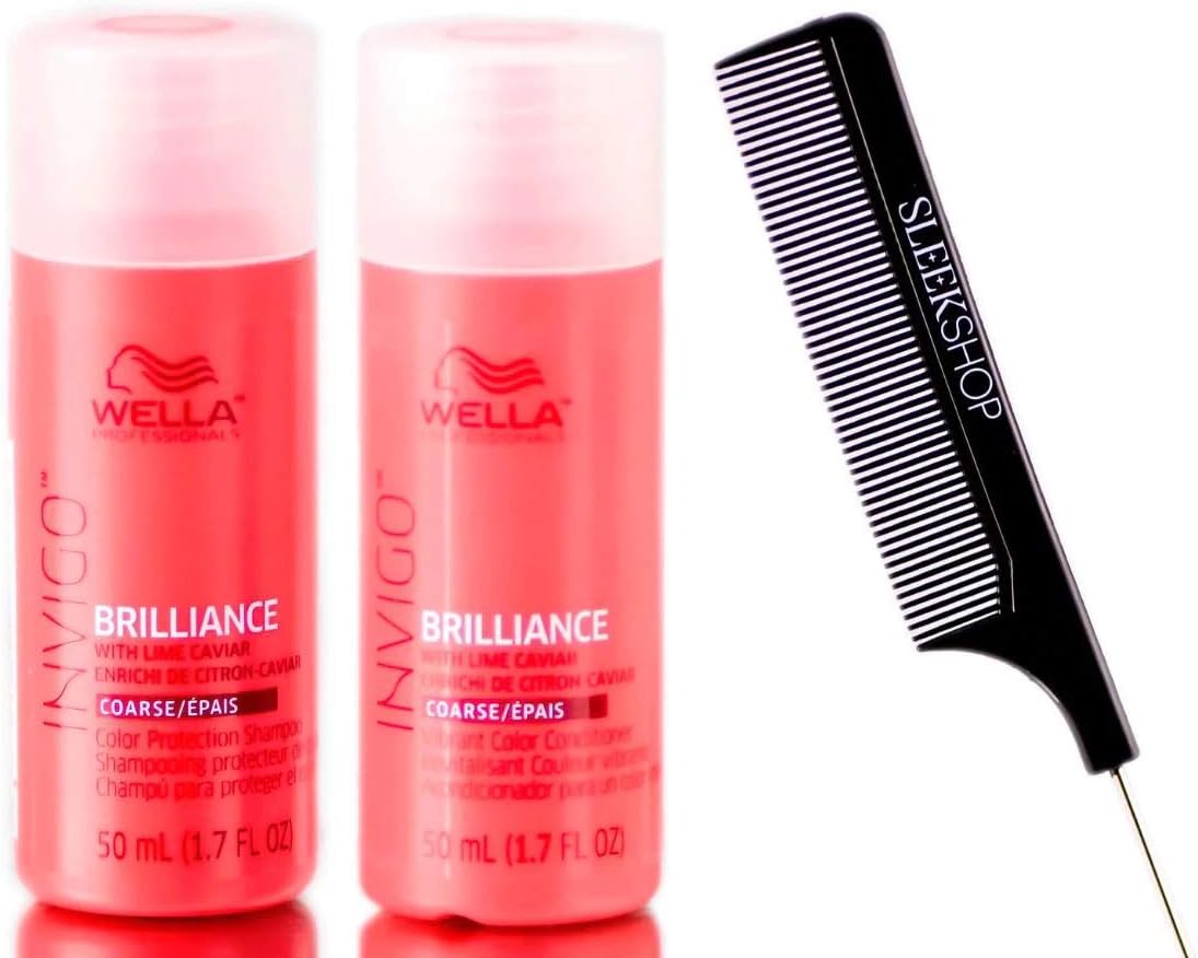 Wella Invigo BRILLIANCE COARSE Color Protection Shampoo & Conditioner with LIME CAVIAR DUO KIT (with Sleek Steel Pin Tail Comb) (1.7 oz / 1.7 oz - TRAVEL SIZE SET)