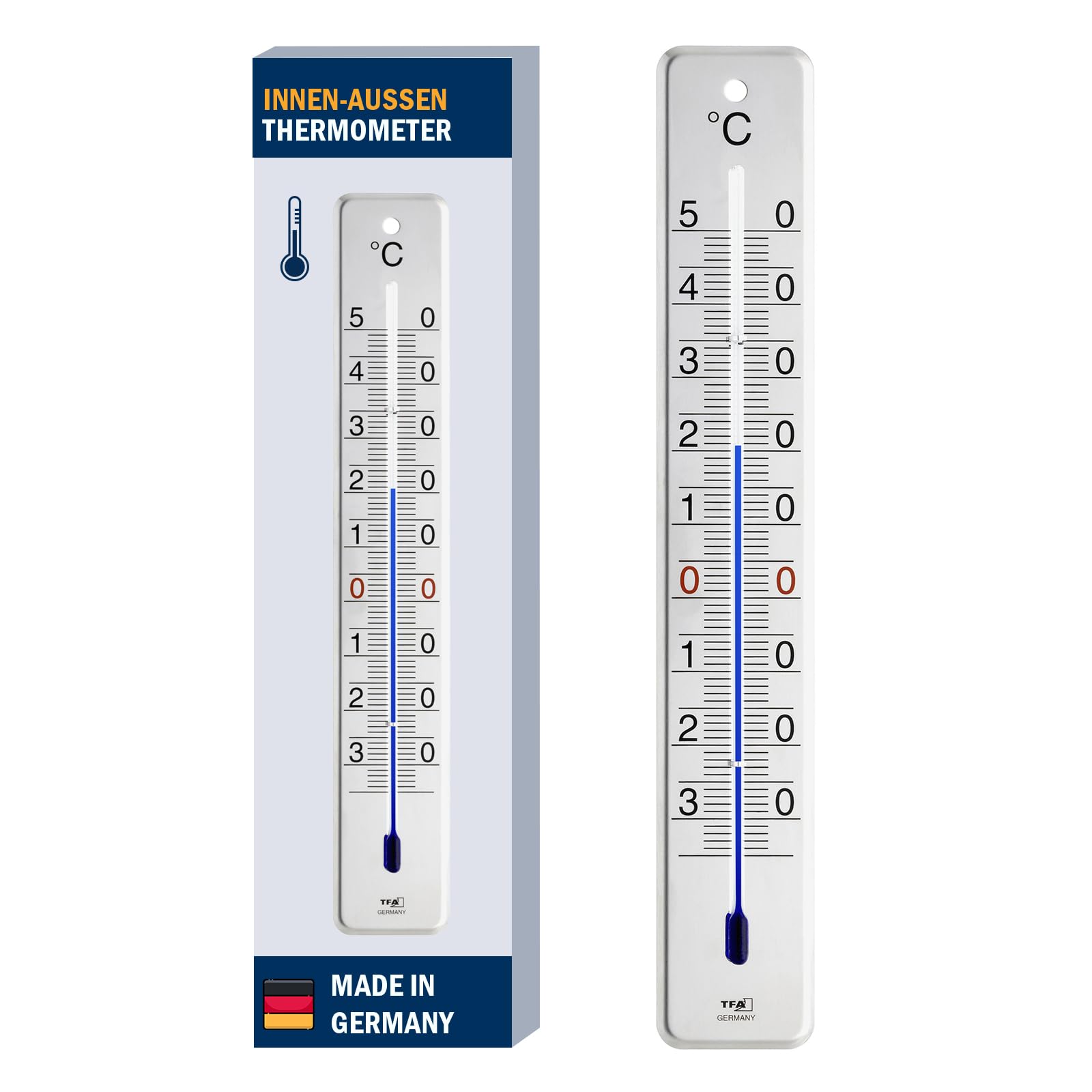 TFA Dostmann 12.2046 Analogue Indoor/Outdoor Thermometer, Weatherproof, Stainless Steel, Temperature Control, 28 cm High, Temperature Measurement, Glossy