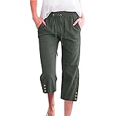 Schine Women Cozy Capris Lightweight High Waist Elastic Drawstring Pants with Pockets Loose Button Trim Cropped Trousers