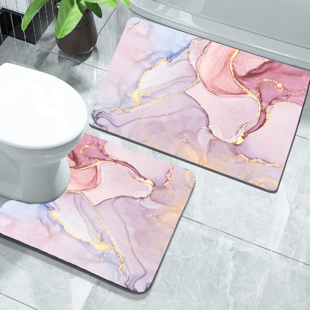 Pink Bathroom 2 Piece Set: Non-slip Bath Mat With Quick Water Absorption and Rubber Backing, Door Mat, Washable Shower Mat + Toilet Contour Mat, Pink Marble Stone Floor Design