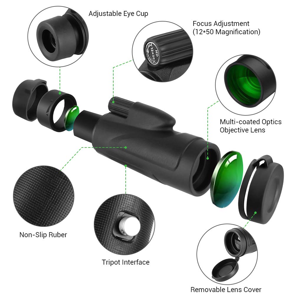 Monocular Telescope, 12X50 HD High Power Prism Monocular with Smartphone Mount Adaptor Tripod Waterproof Fog-Proof Shockproof Scope BAK4 Prism FMC for Outdoor Bird Watching Camping Hiking (mode1)