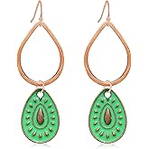 JOONL Bohemian Handmade Vintage Copper Green Enamel Teardrop Geometry Dangle Drop Earrings For Women