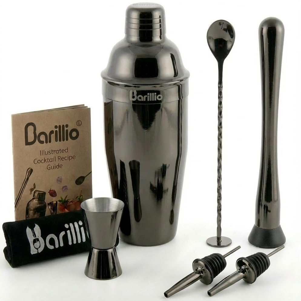 BARILLIO Black Cocktail Shaker Set Bartender Kit by : 24 oz Stainless Steel Martini Mixer, Muddler, Mixing Spoon, jigger, 2 liquor pourers, Velvet Bag, Recipes Booklet & eBook…