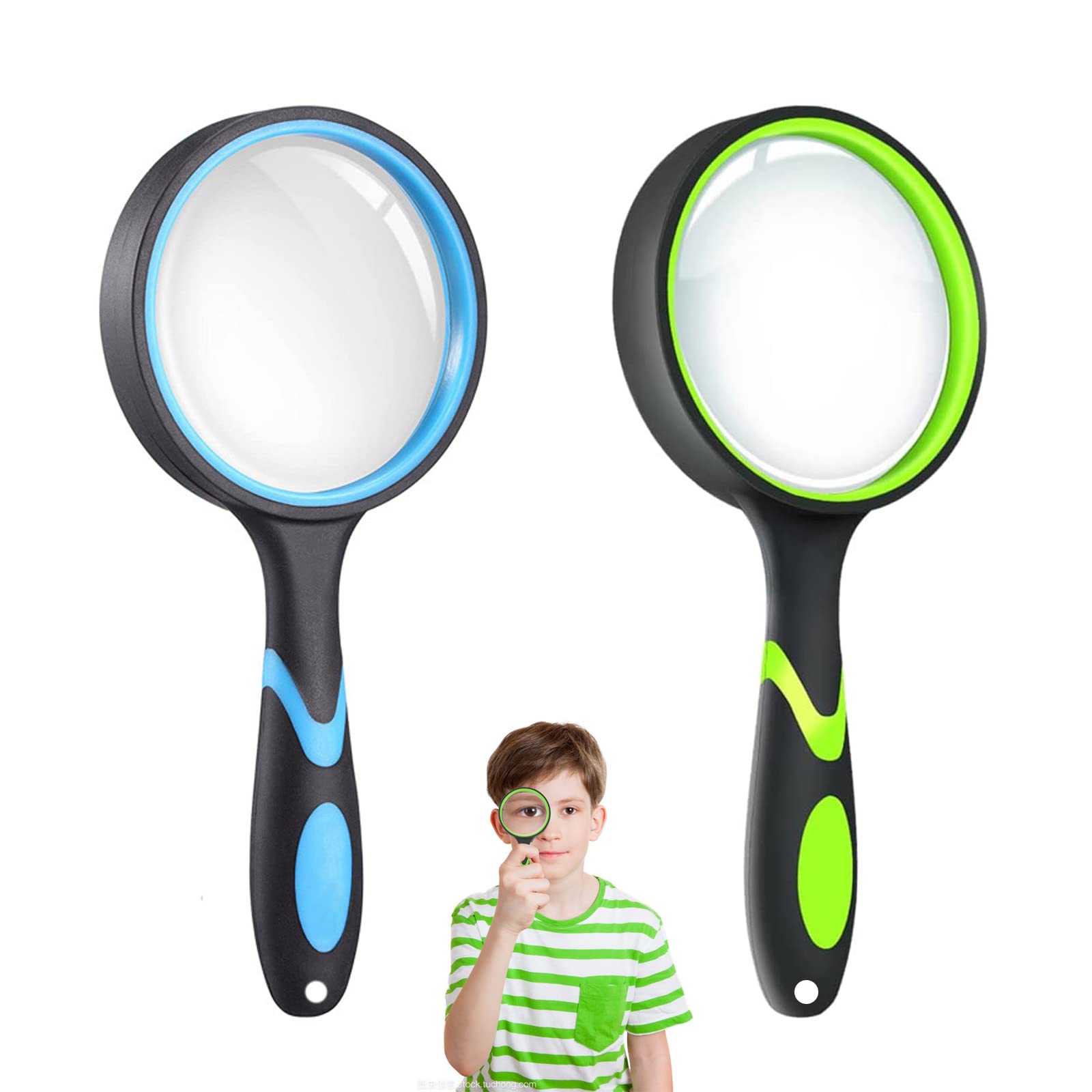 Magnifying Glass 10X 75mm,Kids Handheld Magnifying Glass,Handheld Reading Magnifier for Reading,Magnifying Glasses for Reading Science Books,Maps and Observing Insects(1 Blue-Black,1 Black-Green)