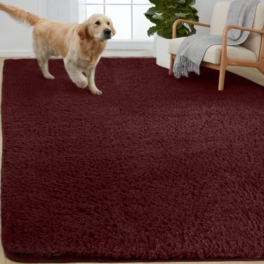 Photo 1 of Gorilla Grip Soft Faux Fur Area Rug, Washable, Shed and Fade Resistant, Grip Dots Underside, Fluffy Shag Indoor Bedroom Rugs, Easy Clean, for Living Room Floor, Nursery Carpets, 5x8 FT, Burgundy