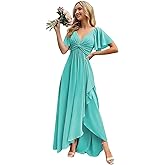 GIOVZIC Flutter Sleeve Bridesmaid Dress for Women Twist Ruffles Chiffon Prom Dresses Slit V-Neck Formal Party Gowns KO044